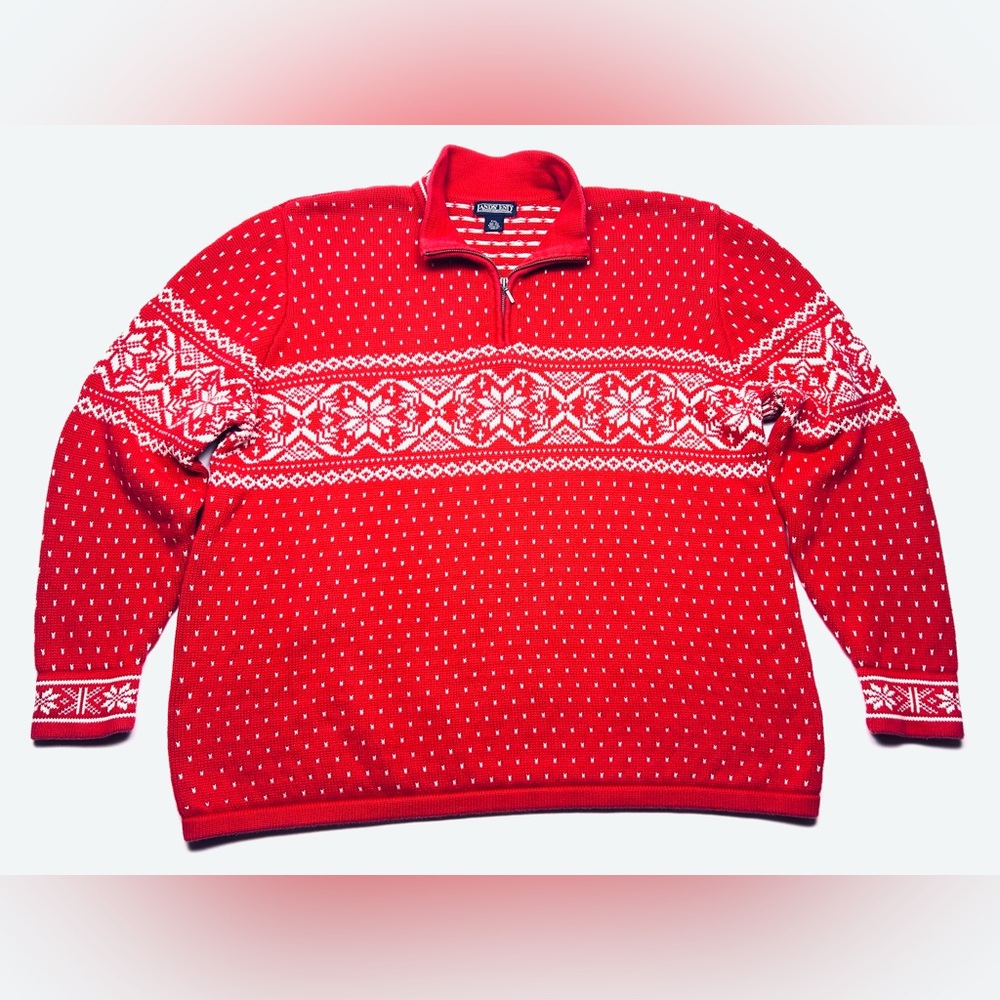 VTG Lands End Red 1/4 Zip Nordic ❄️ Christmas sweater heavy cotton knit XXL - Picture 3 of 9